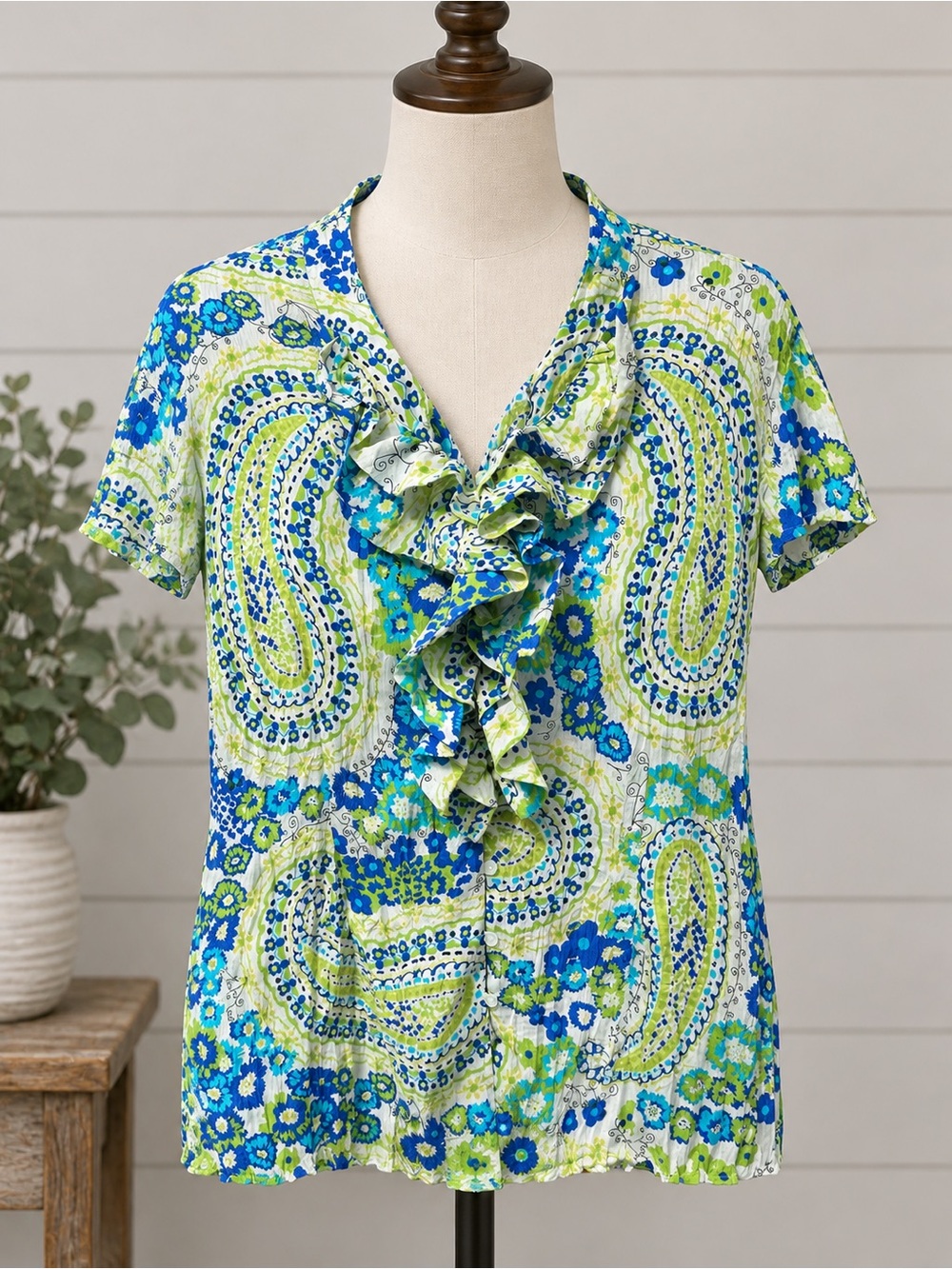 dressbarn Blue & Green Paisley Ruffle V-Neck Blouse